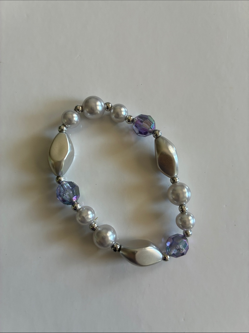 Silver and Purple Beaded Stretch Bracelet
